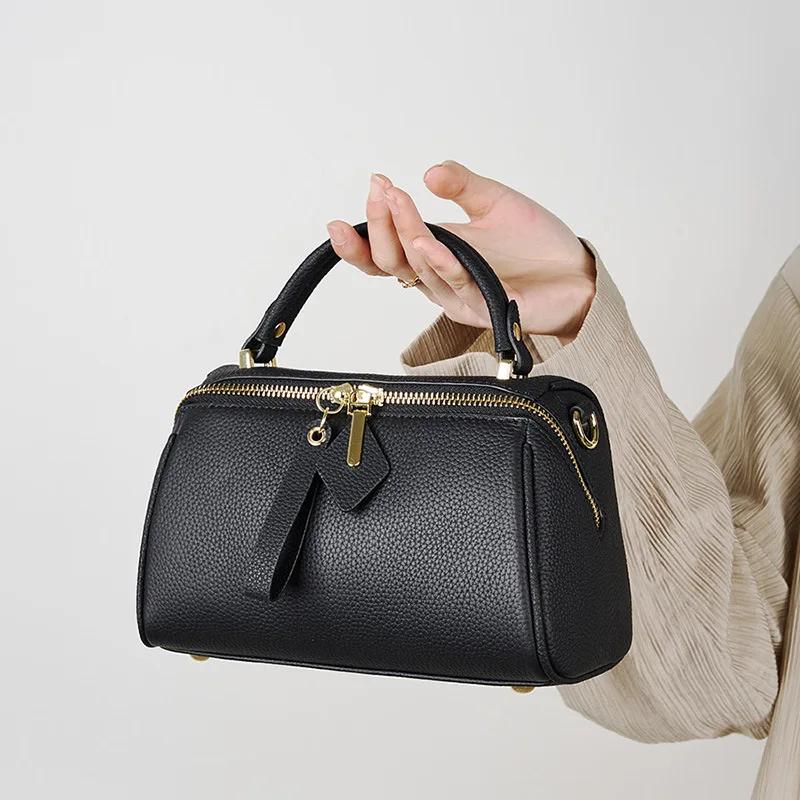 Genuine Leather Ladies' Bag  New Retro Simple Classic Boston Handbag Cowhide Diagonal Shoulder Bag