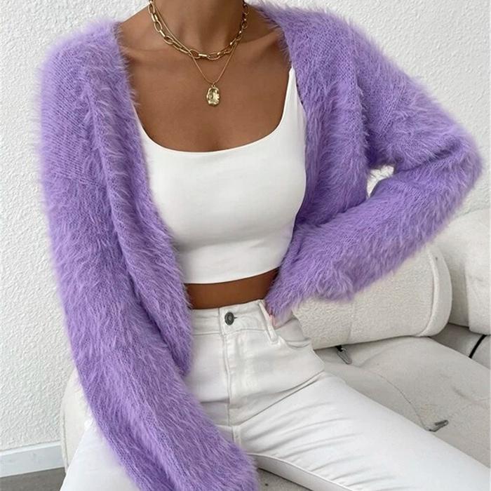 Women Open Front Solid Color Long Sleeves Plush Sweater Cardigan Coat S