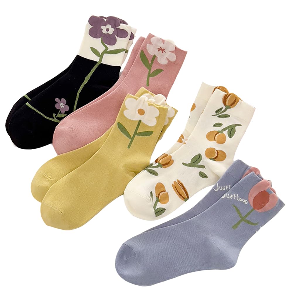 Yolrky Cute Socks for and Colorful Stylish and Casual Women's Spring, Autumn, Winter, 5-Pair Set, Socks, (Multicolor/Floral)