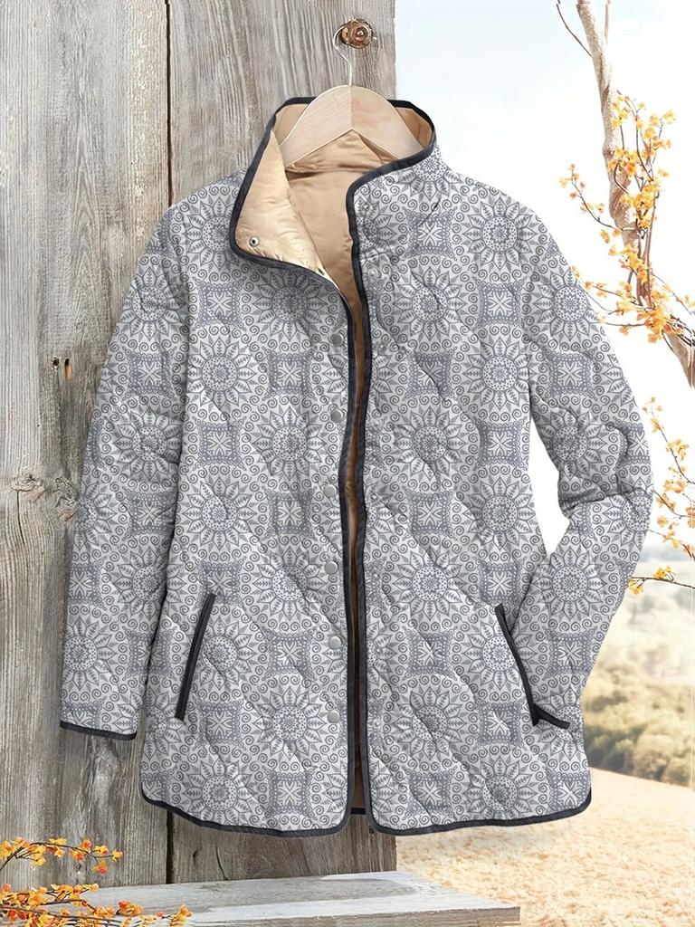 Women's Tropical Leaf Print Quilted Jacket Stand Collar Button Down Contrast Trim Casual Coat