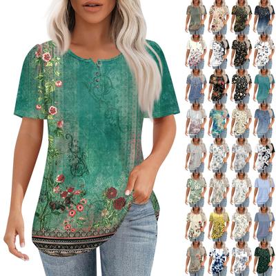 Women's Fashionable Casual Short Sleeve Button Floral Print Round Neck Pullover Top