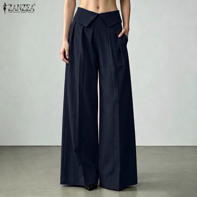 Pantalones Anchos de Pierna Suelta Casuales Lisos con Cintura Elástica Woen