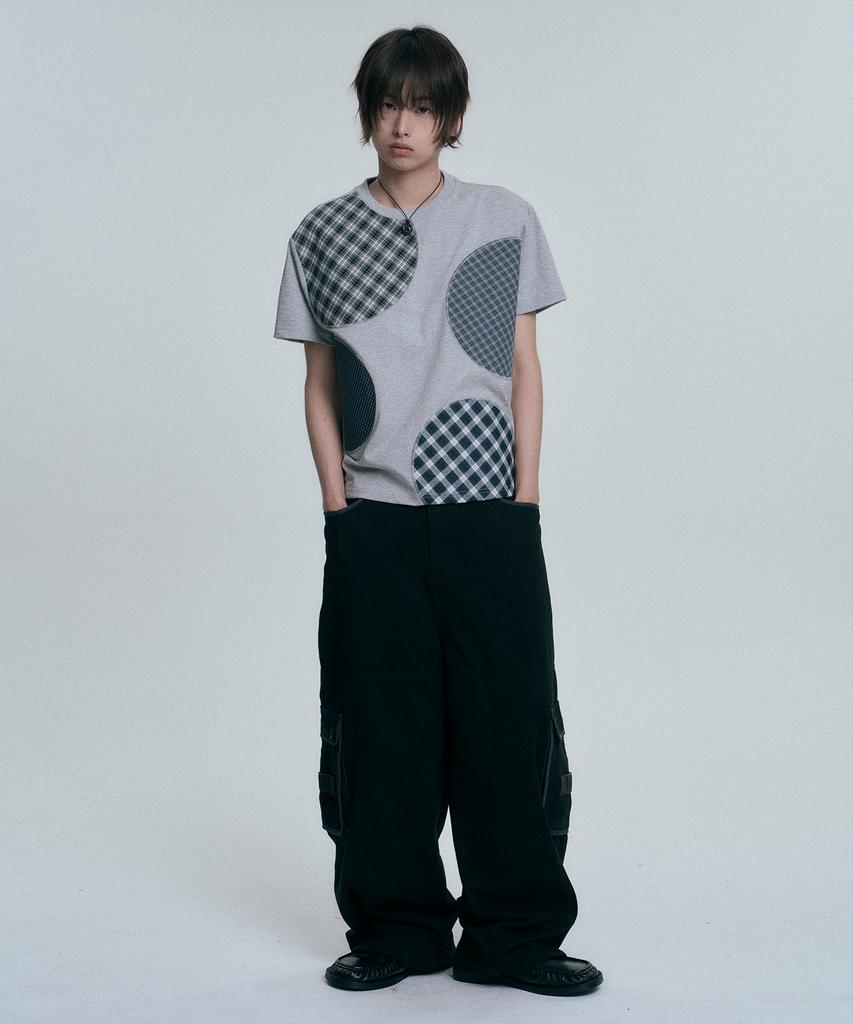 MOO Check Circle Patchwork Short Sleeve T-Shirt - Gray