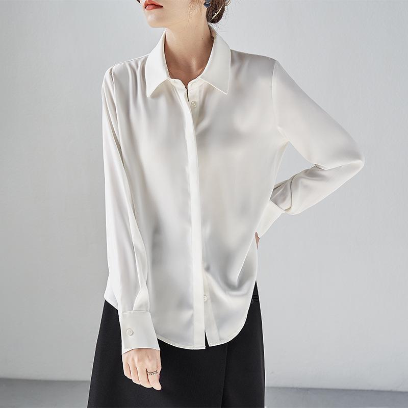 Women's Long Sleeve White Satin Shirt - Spring/Autumn 2026, High-Grade Acetate, Anti-Wrinkle, Perfect for Office Wear