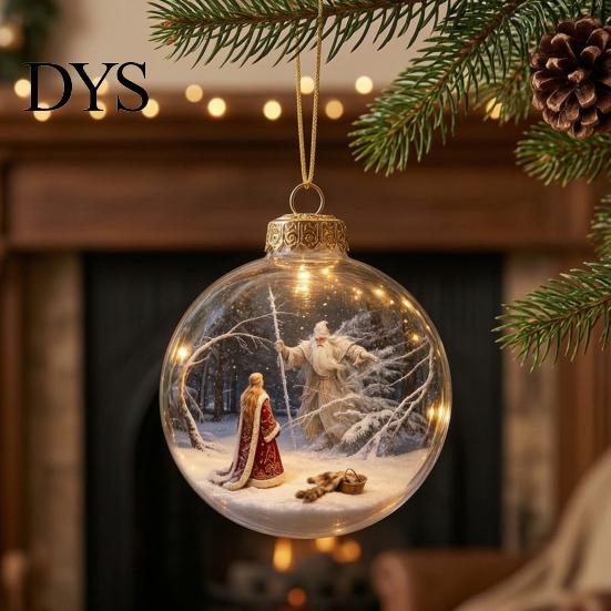 Christmas Party Hanging Trinkets 3D Faux Crystal Ball Ornaments with Warm LED Holiday Character Figurines Lights, Luminous Tree Pendant for Home Decor