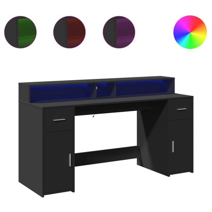 VidaXL Bureau avec lumières LED noir 160x55x91 cm bois d'ingénierie, bureau de travail, bureau d'étude, bureau à domicile, 3309430