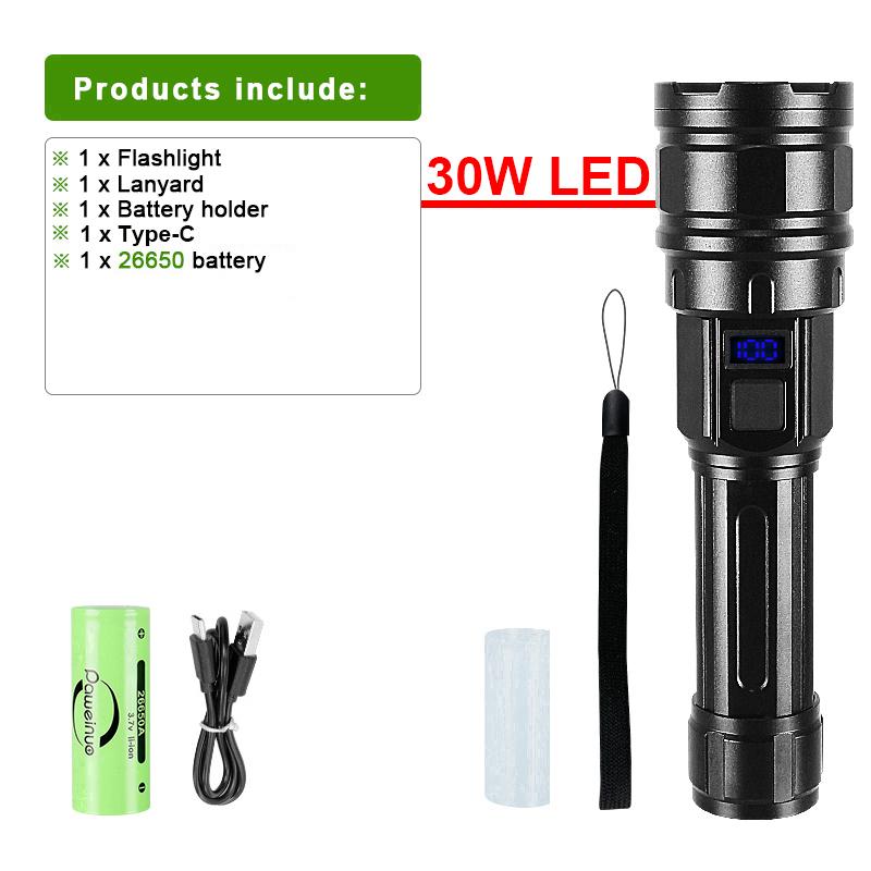 Powerful 30W LED Flashlight Super Bright Lantern Rechargeable Flashlights Waterproof Torch Strong Light Outdoor Camping Hiking Lights