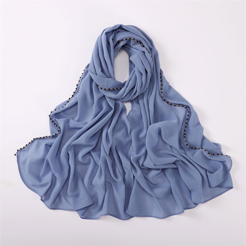 Plain Gold Ball Pearl Chain Bubble Chiffon Instant Shawls Scarf Lady High Quality Beach Stole Bufandas Muslim Hijab 175*70Cm