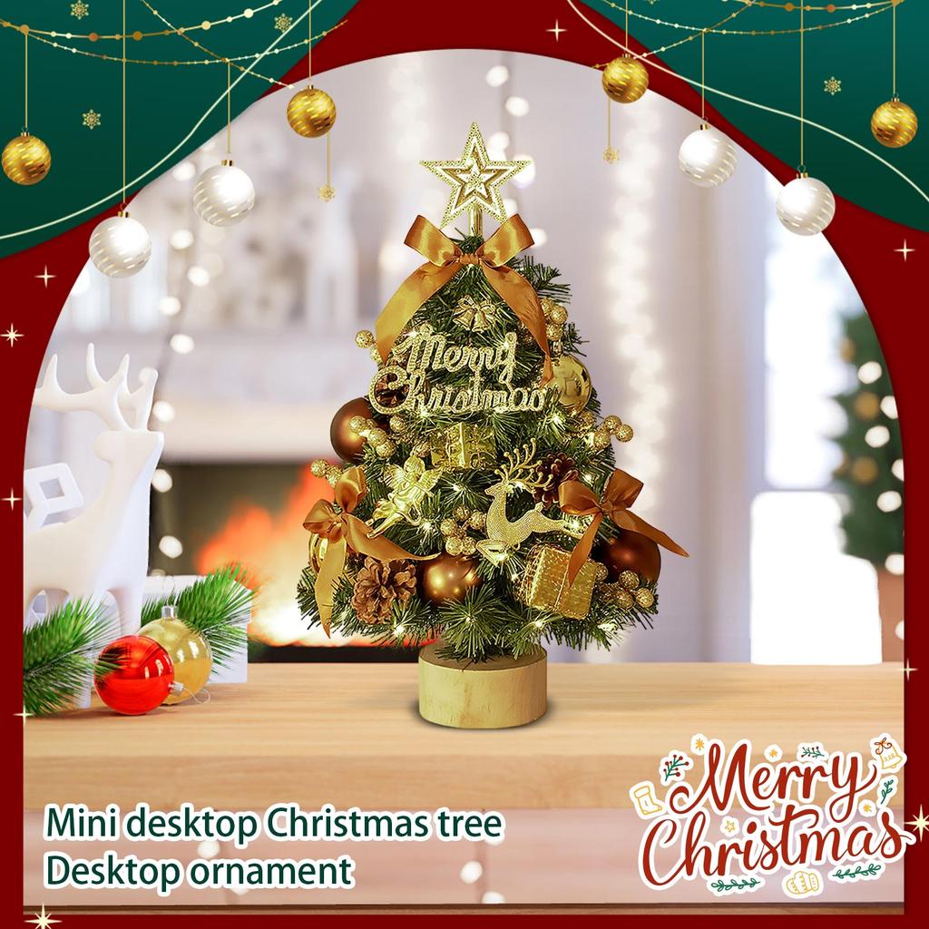 Desktop Christmas Tree, 18'' Table Top Christmas Tree With Wooden Base, Prelit Christmas Tree With Decorations For Indoor