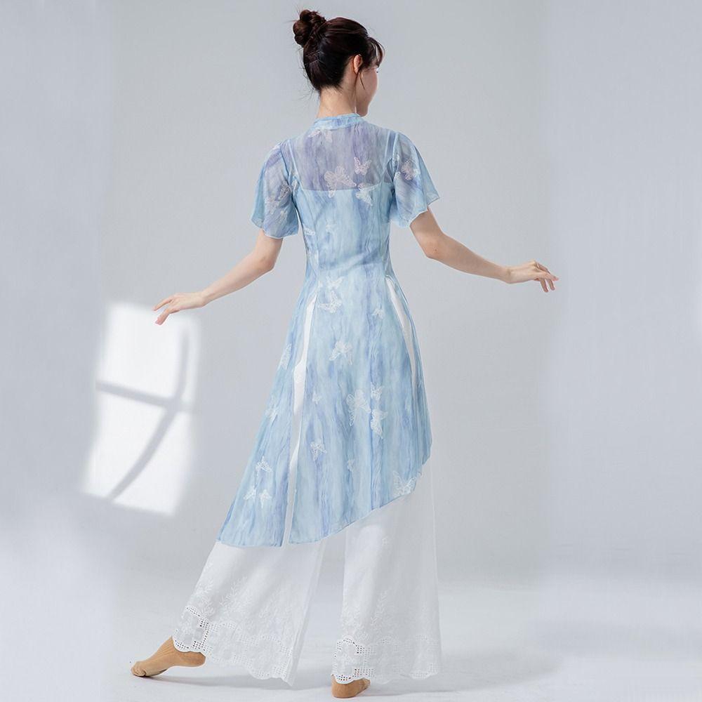 Butterfly Classical Dance Top Cheongsam Neck Dance Mesh Top Fashion Gauze Mesh Shirt  Women