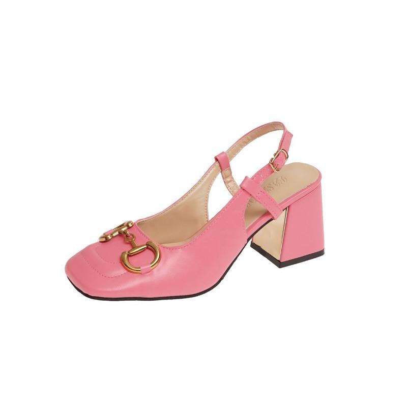 Fashion Shoes Female 2024 Hot Sale One-word Buckle Women's Pumps Autumn Square Toe Solid Metal Decoration Chunky Heels Mary Jane Pumps