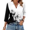 Women's Fashionable Casual Lapel T-Shirt With Retro Floral Print Seven Quarter Sleeve Top