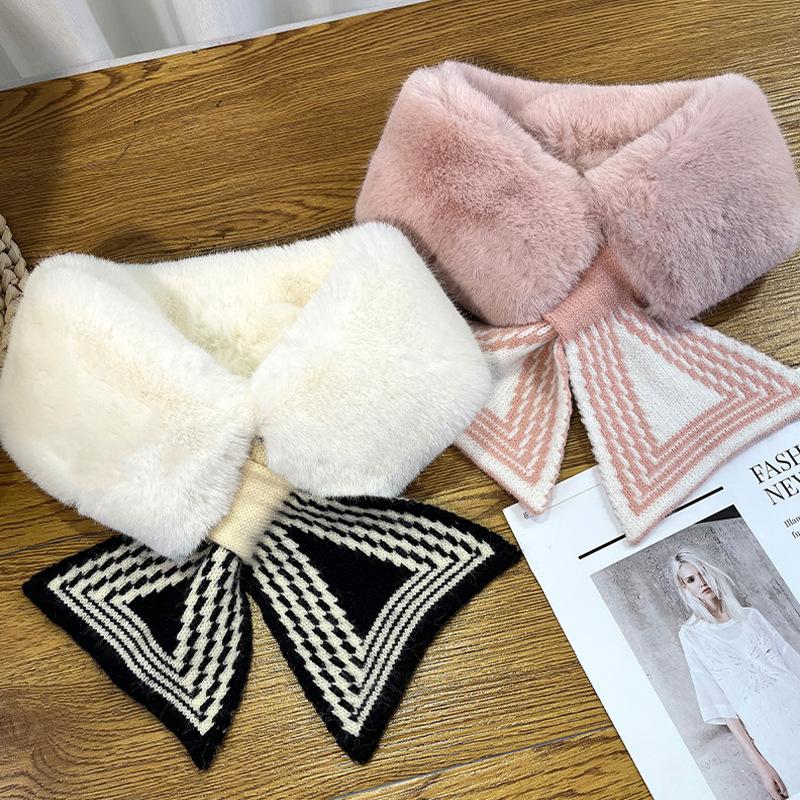 Autumn and Winter New Imitation Rabbit Plush Scarf Fashionable and Warm Simple and Versatile Cross Striped Knitted Plush Neck Protection Scarf