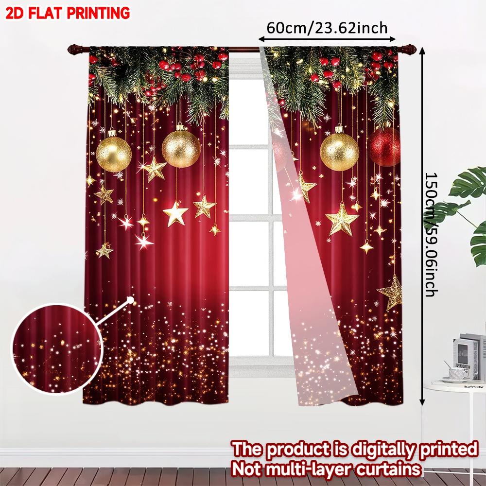 2D flat printing 2pcs Fashionable Christmas Curtains Christmas Golden Stars Glow Digital Printed Polyester Drapes Durable Family