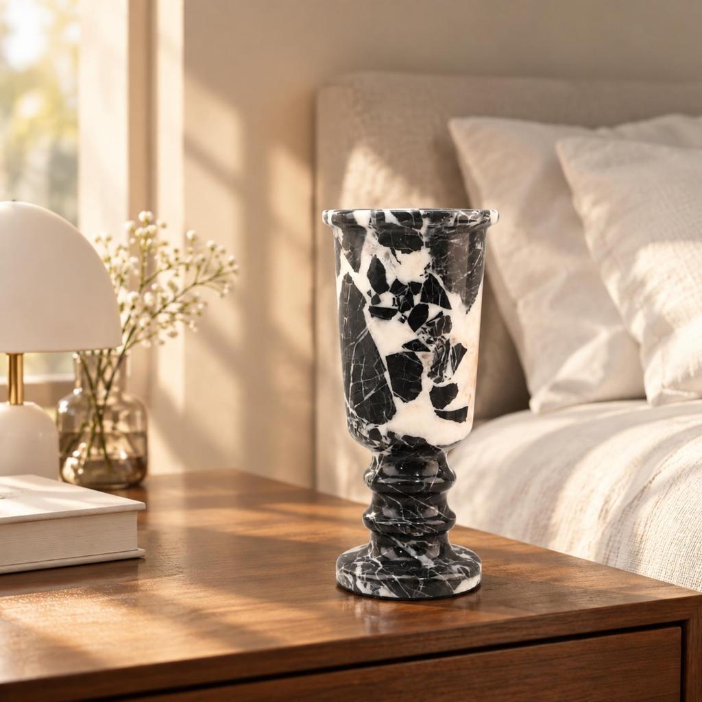 Roman Column Style Pedestal Vase Marbled Pattern Cylindrical Marble with Flared Rims Black and
