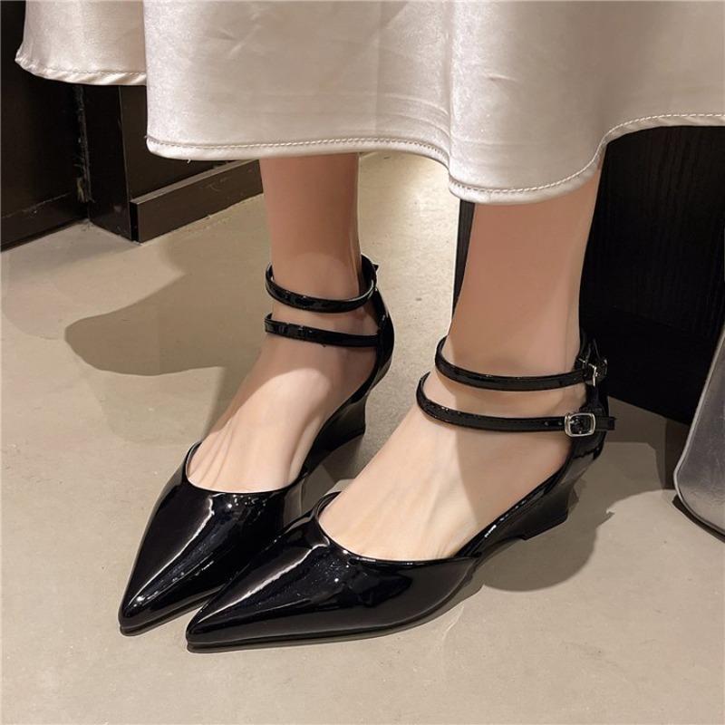 2026 Fashion Pointed Toe Wedges Heels Women Pumps Fashion Double Buckle Strap Sandals Wedding Party Mule Shoes