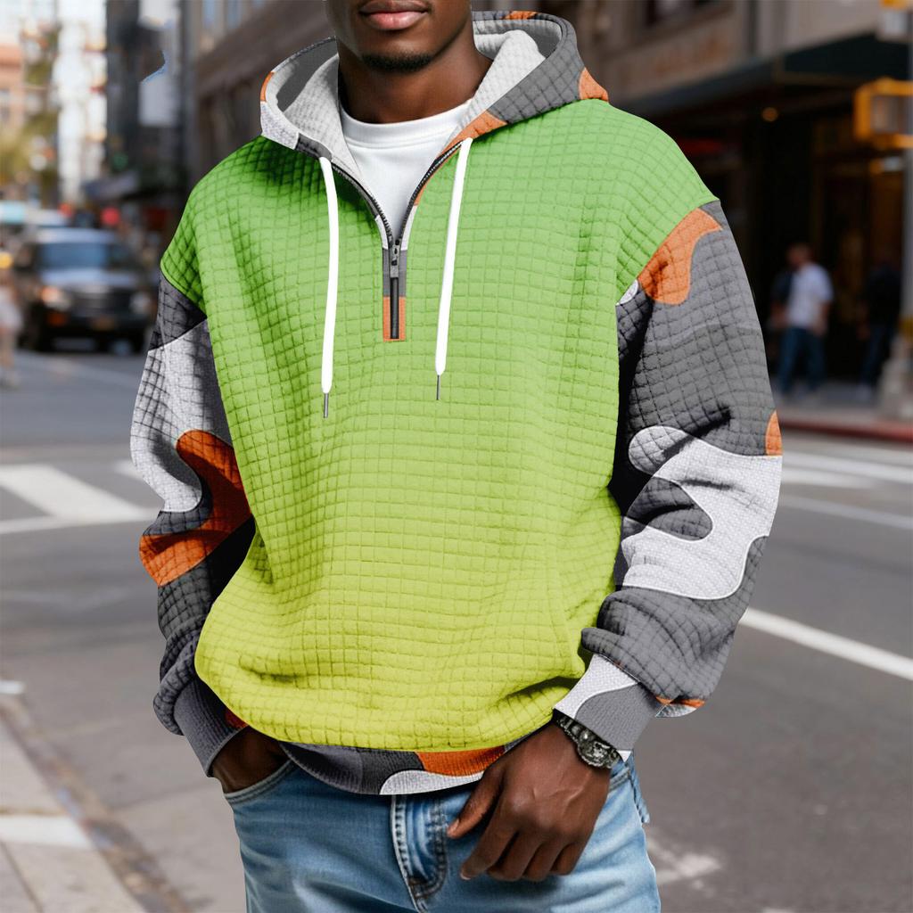 Sudadera Deportiva Casual para Hombre con Capucha y Media Cremallera a Cuadros con Cordón y Estampado