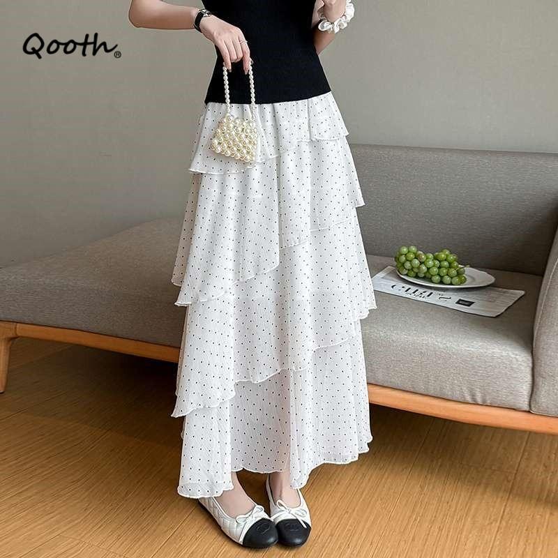 Qooth Polka Dot Ruffle Tiered Midi Skirt Asymmetric Patchwork Cake Skirt QT2878