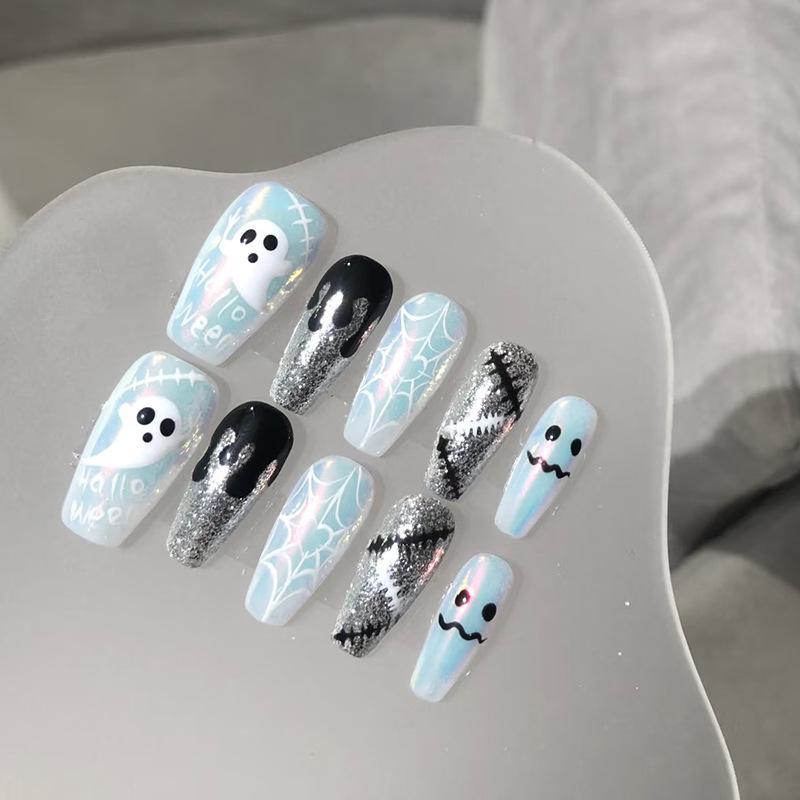 30-Piece European & American Halloween Medium Length Glitter Ghost Nails