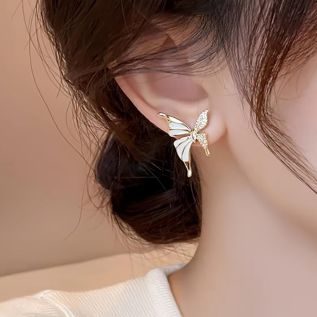 Super Fairy Butterfly Love Flower Pink Opal Earrings Women's New Full Diamond Butterfly Stud Earrings Temperament Light Luxury Earrings