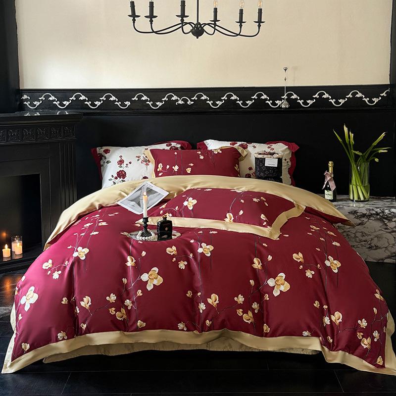 100-Piece Light Luxury Long-Staple Cotton Reactive Print 4-Piece Bedding Set with Wide-Edge Bed Sheet & Duvet Cover
