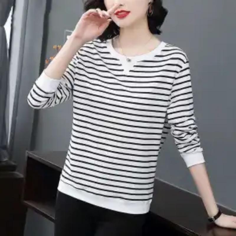 Pure Cotton T-shirt Women's Long-sleeved 2025 Autumn New Striped Loose Women's Tops Casual Loose Versatile Pullover