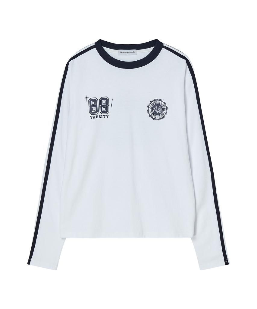 AWESOME STUDIO Football Line Color Block Long Sleeve Tee Wine