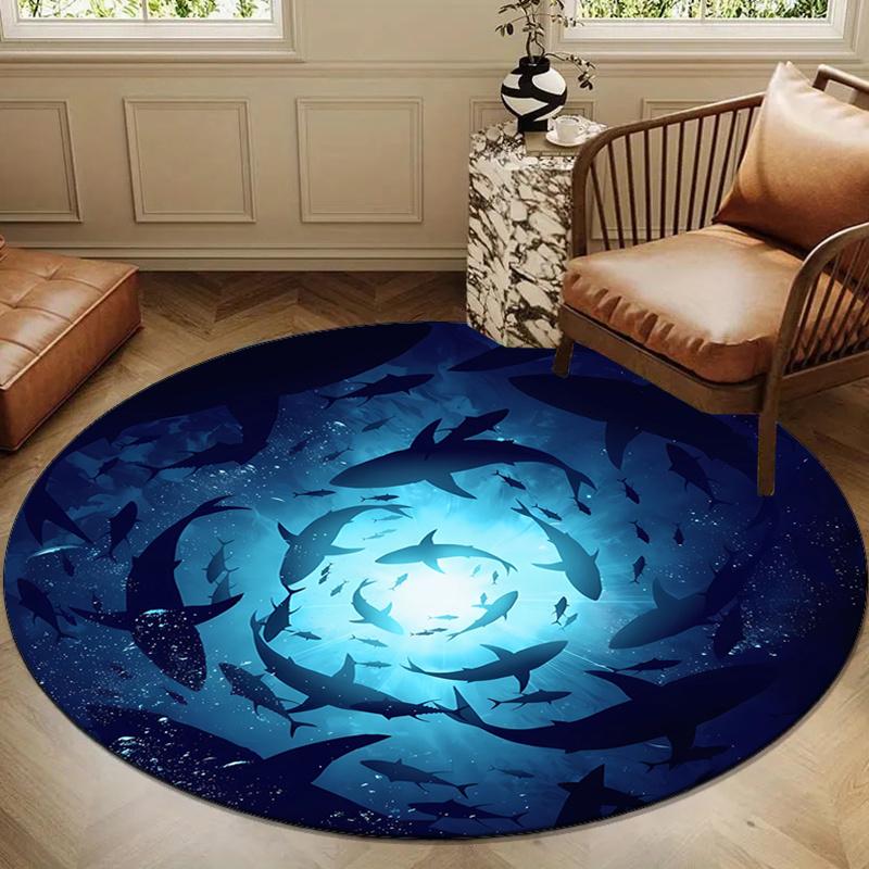 Crystal Velvet Shark Ocean Printed Round Area Rug, Chair Round Carpet for Bedroom, Living Room, Home Decor, Non-Slip Mat for Bedside