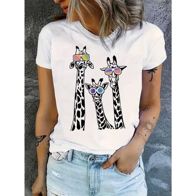 Women'S Casual Giraffe Print T-Shirt with Glasses, Short Sleeve Crew Neck Knit Top