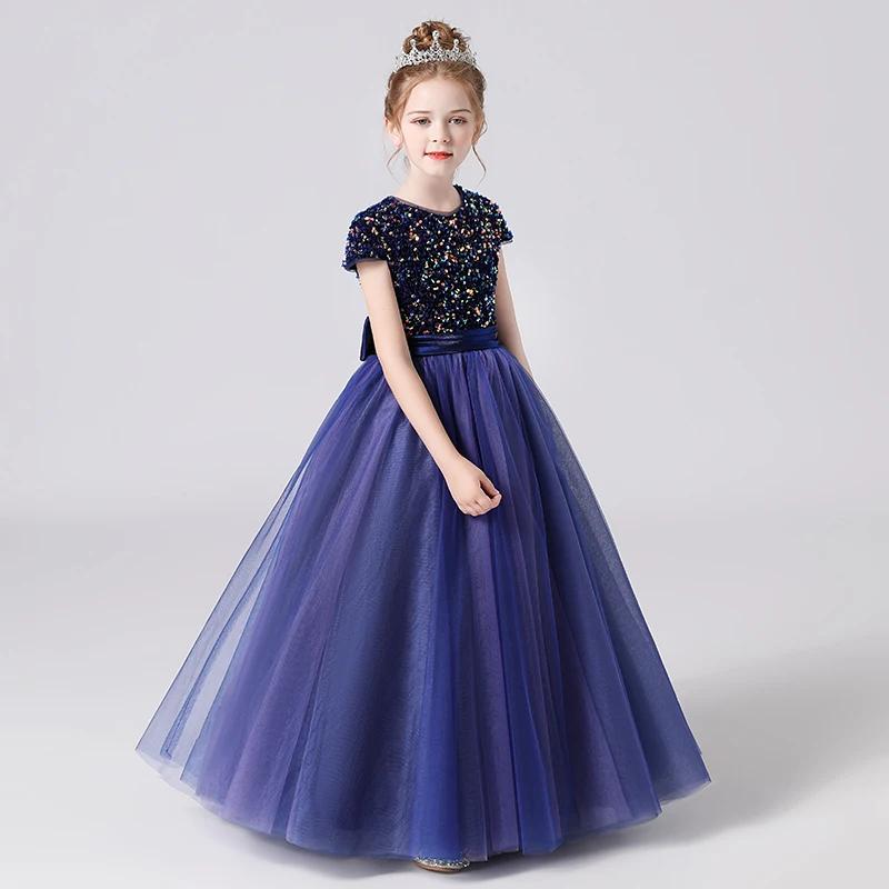 Princess Dress for Children Sparkly Sequin Short Sleeve Flower Girl Dress Tulle Kid Birthday Party Pageant Prom Gown Junior Bridesmaid