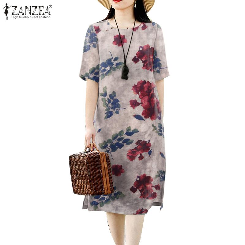 

ZANZEA Женское повседневное свободное платье с коротким рукавом и круглым вырезом с цветочным принтом