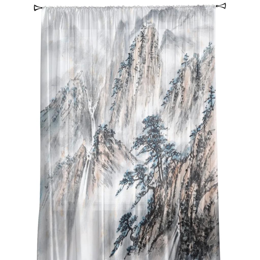 Landscape Ink Painting Tulle Window Curtains Living Room Organza Yarn Sheer Voile Curtain Bedroom Kitchen Home Decor Drape