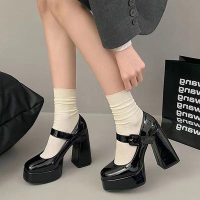 Fashion French Style Mary Jane High Heels Women's 2024 Summer New Goth Thick Heeled Party Shoes Women Patent Leather Buckle Strap Pumps