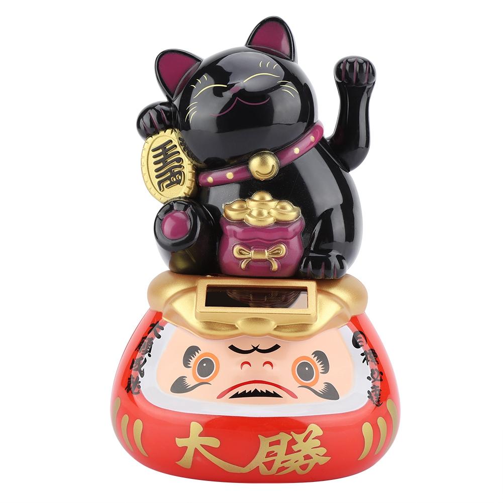 Solar Powered Maneki Neko Adorable Waving Beckoning Fortune Cat Car Accessories(Black)