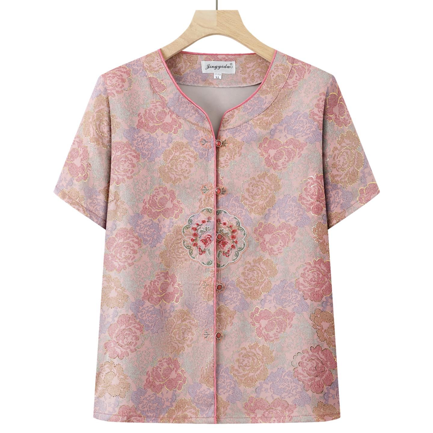 

Mom s Chinese-Style Short-Sleeve Summer Top Set for Middle-Aged and Elderly Women 4XL (130-145 jin)