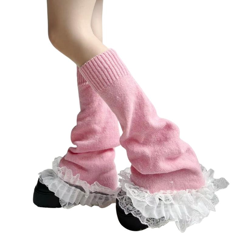 Damen Mädchen Fairycore Gestrickte Beinwärmer Ausgestellte Stiefelsocken Japanische JK Lagenlook Rüschen Spitzenbesatz Fußabdeckungen Streetwear