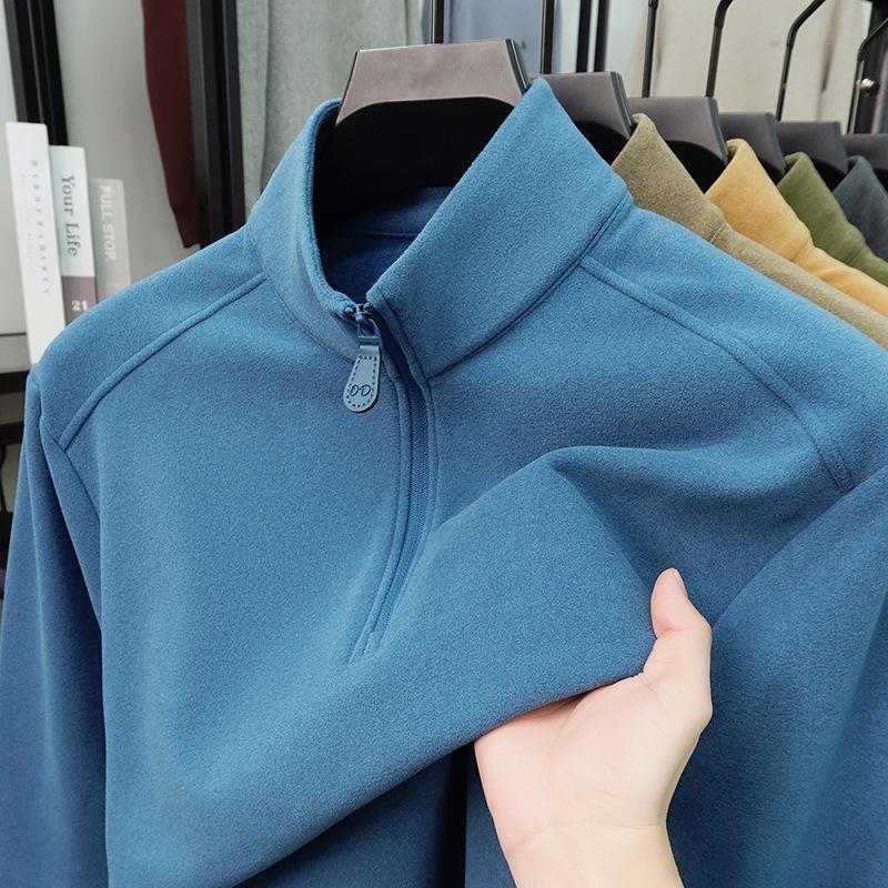 Men's Double-Sided Fleece Half-Zip Hoodie, Stand Collar, Solid Color, Autumn/Winter Fashion, Casual & Warm Top.