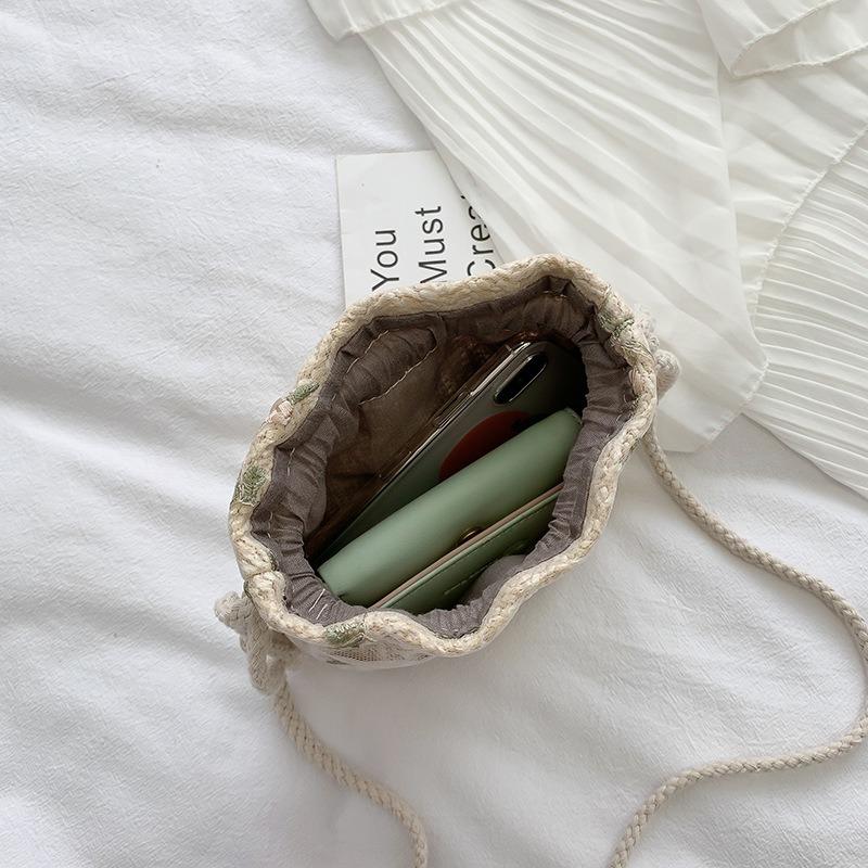 Woven Bag Women, New Trendy Fashion Lace Versatile Drawstring Bucket Bag Shoulder Crossbody Straw Woven Bag