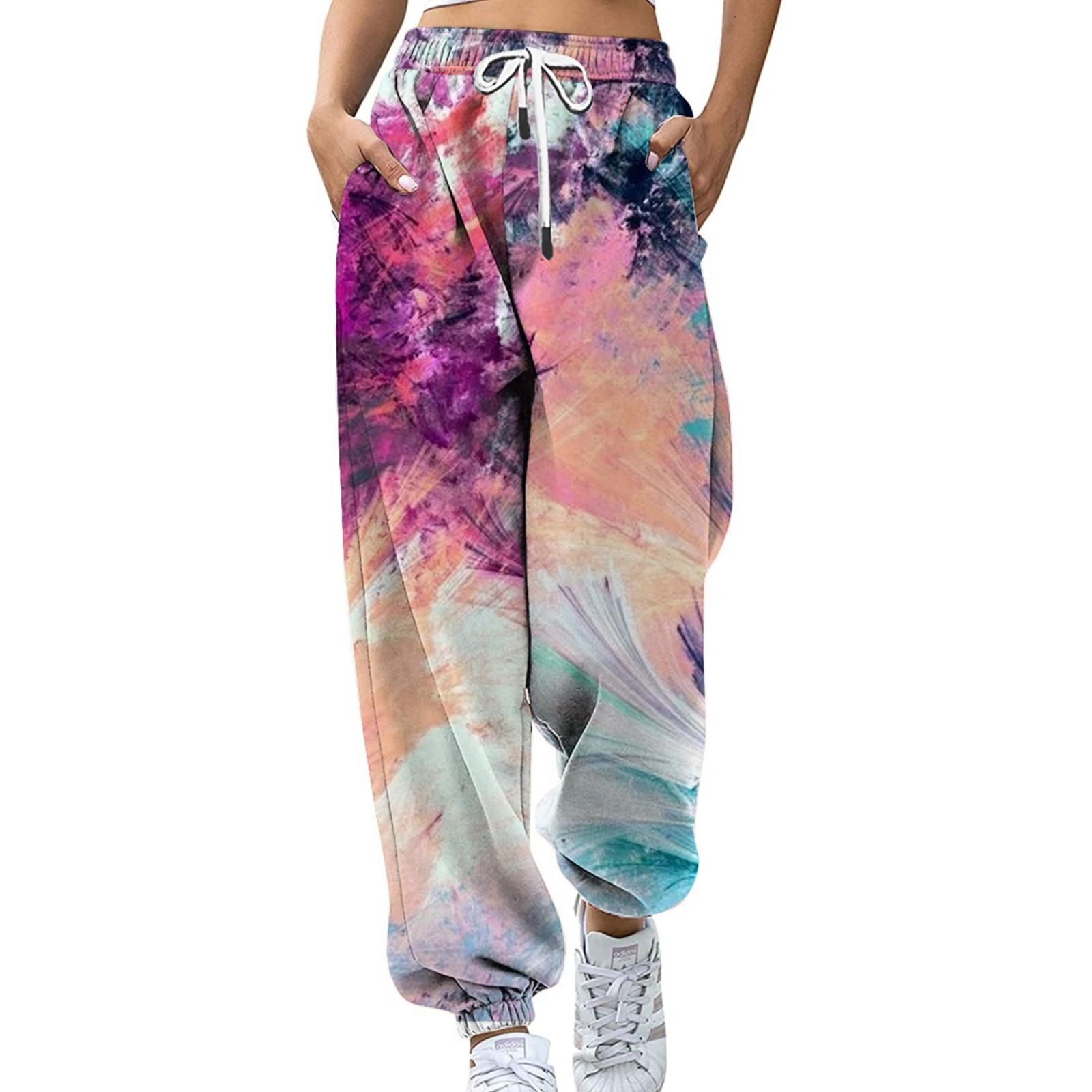 

Женская мода, повседневные спортивные брюки с цифровым цветным принтом, свободные брюки S розовый