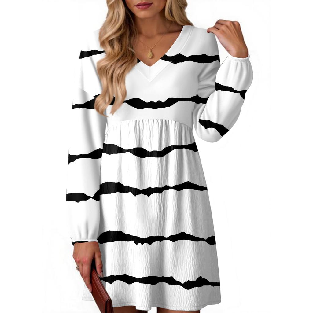 Women's Fashion Striped V-Neck Long Sleeve Dress