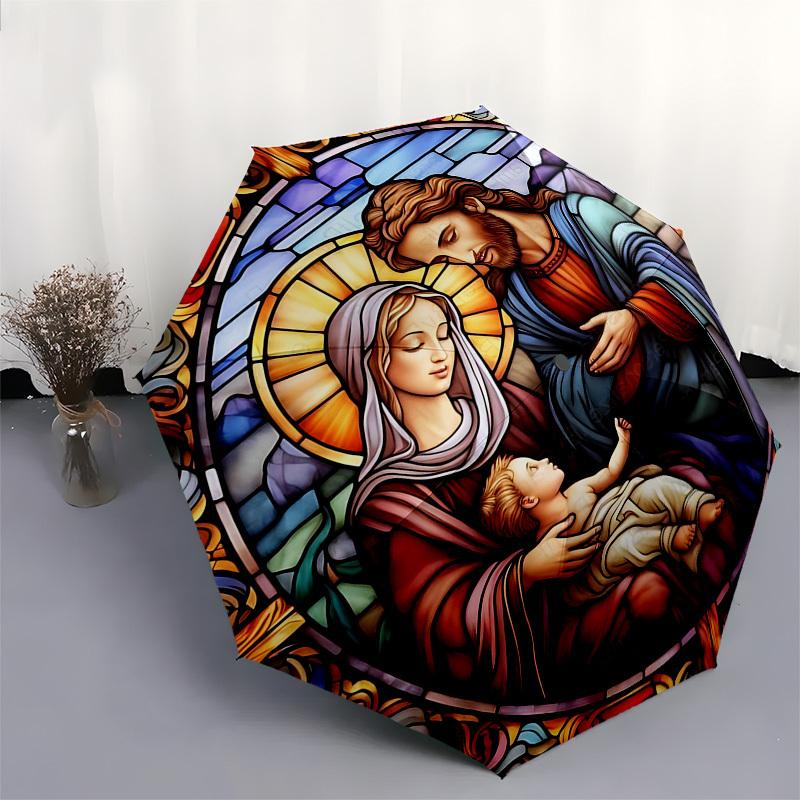 1pc Stained Glass Nativity Scene with Automatic Opening Umbrella, Portable Tri-Fold Design, 8-Bone Iron Frame Outdoor Umbrella, Perfect Gift for Fans,