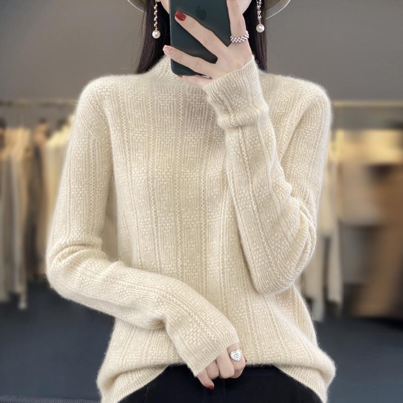 Autumn/Winter Women's High-Quality Jacquard Wool Seamless Knit Sweater - Half-High Collar, Solid Color Fashion Top