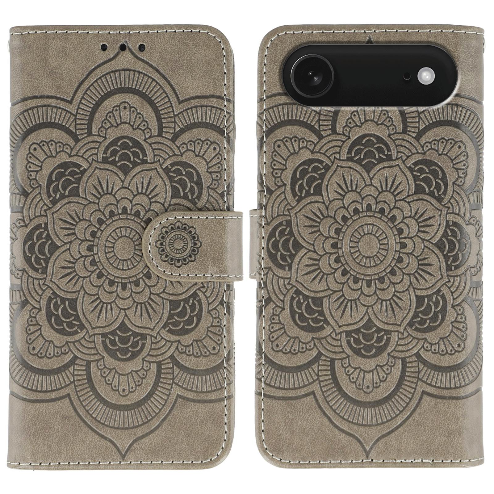 

For iPhone 17 Air Case PU Leather Mandala Imprinted Design Wallet Phone Cover with Wrist Strap Grey
