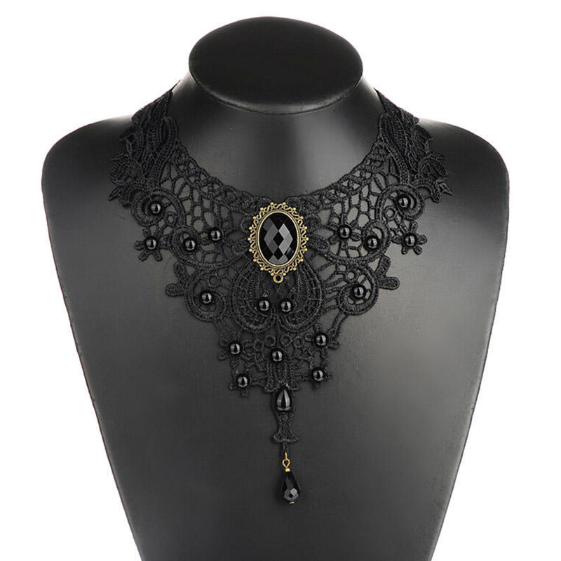 Collana Girocollo In Pizzo Nero Con Ciondolo A Goccia Di Cristallo: Gioiello Vintage Gotico Per Donna, Regalo Originale Con Catena Regolabile 40-45cm