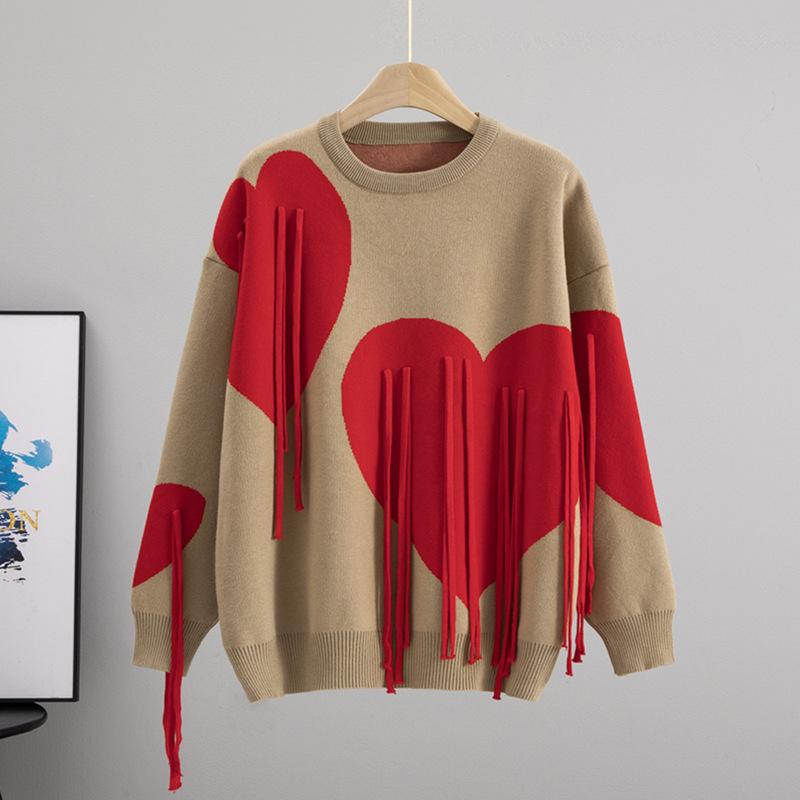 Soft Waxy Sweater Women's Autumn and Winter Soft Round Neck Fringed Love Loose Lazy Style Fashion Knitted Sweater Top Tide