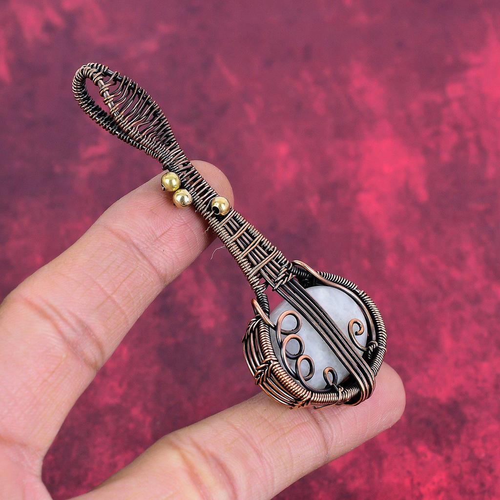 Rainbow Moonstone Pendant Copper Wire Wrapped Guitar Pendant Genuine Gemstone Jewelry Handmade Elegant Pendant Copper Jewelry Gifts for Wife