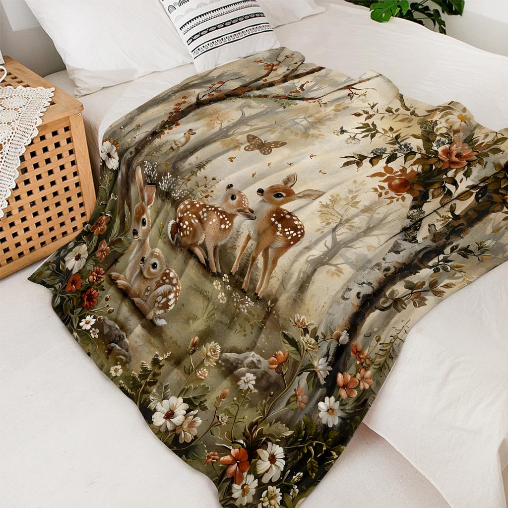 Cozy Forest Deer Print Blanket - Warm, Skin-Friendly Flannel Throw for All Seasons, Ideal for Home, Travel, and Camping, Perfect Gift for Fa