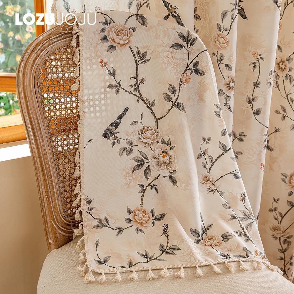 1PC LOZUJOJU French Retro Rose and Bird Print Curtains Beige Tassel Edge Semi Transparent Curtains for Bedroom Living Room Window Home Decor