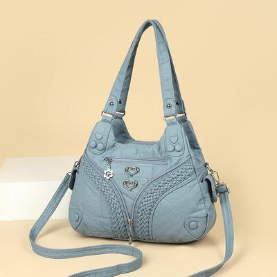 Stylish PU Leather Crossbody Bag Heart Decor Women's Hobo Bag Fashion Quilted Shoulder Bag with Adjustable Strap