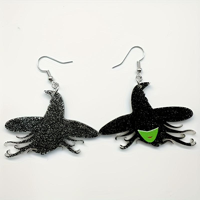 Pair of Black Glitter Witch Earrings with Green Grimace Accents - Punk Style, Perfect for Halloween, Daily Wear, Parties, and Travel